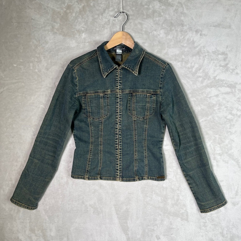 Vintage Bisou Bisou Denim Jacket M Dirty Wash Blue Hook Front Fitted Stretch Y2K